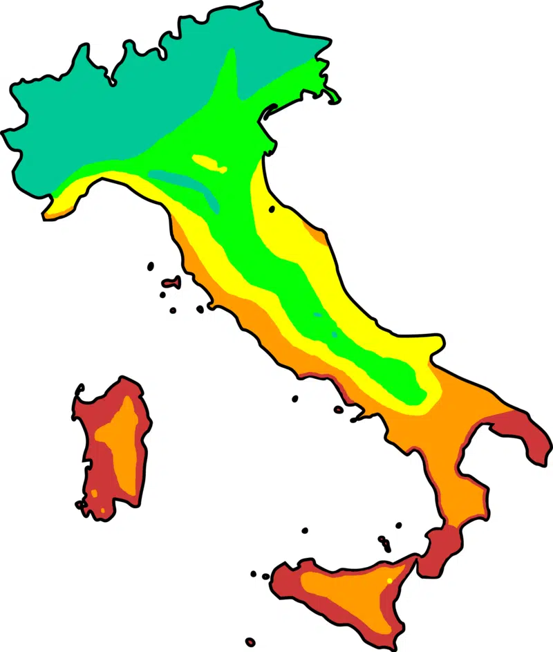 Map of the average annual sunshine duration in Italy (in hours)