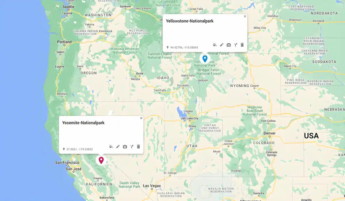 Location of Yosemite and Yellowstone