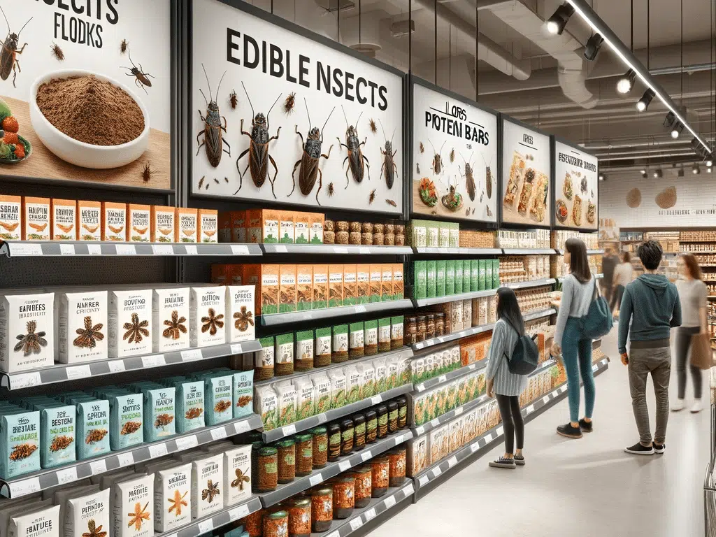 Supermarket Aisle with Edible Insects Products - Sustainable Protein Sources