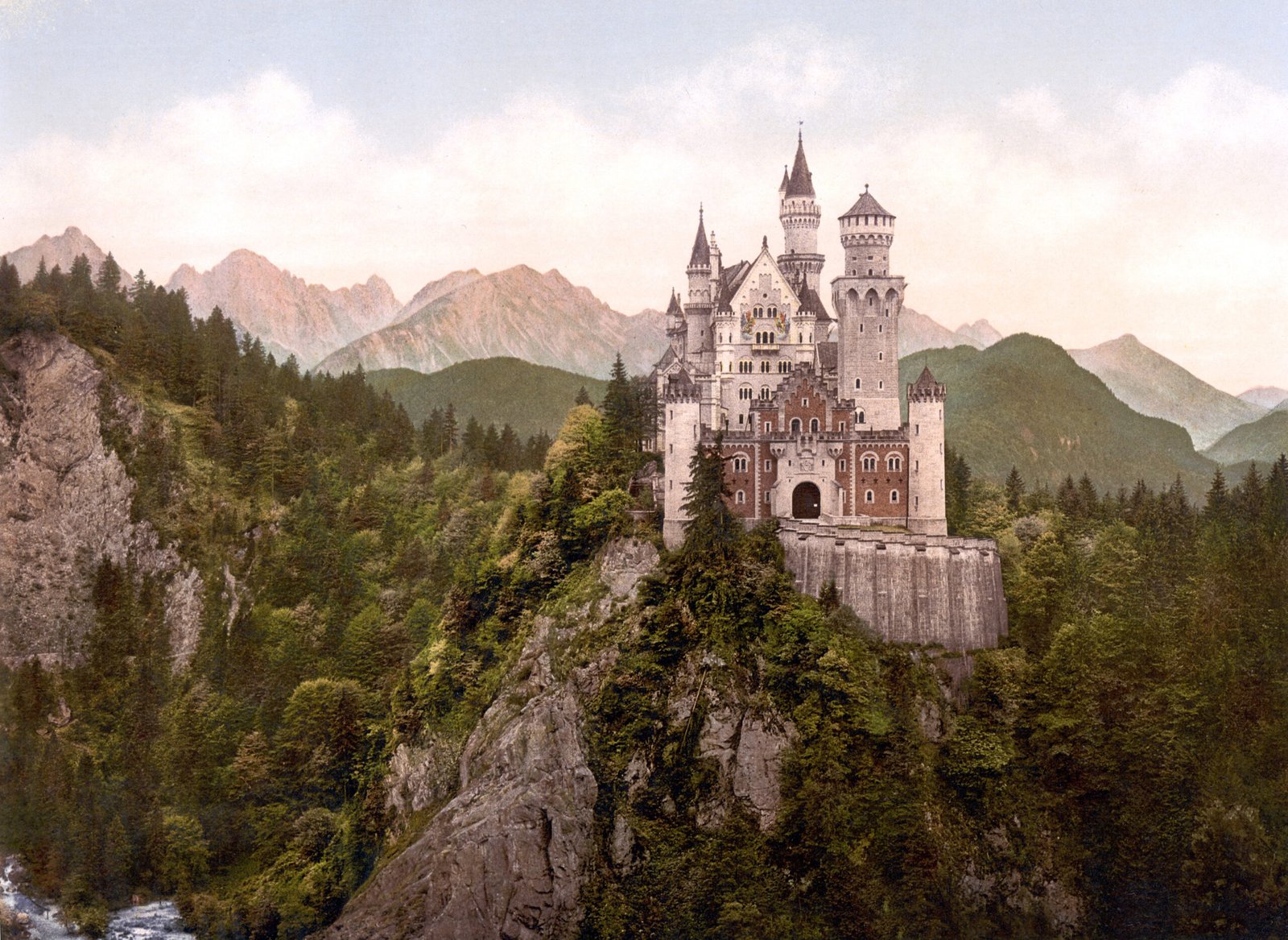 Photochrom print of the front of Neuschwanstein Castle, Bavaria, Germany, taken as few as ten years after the completion of the castle.
