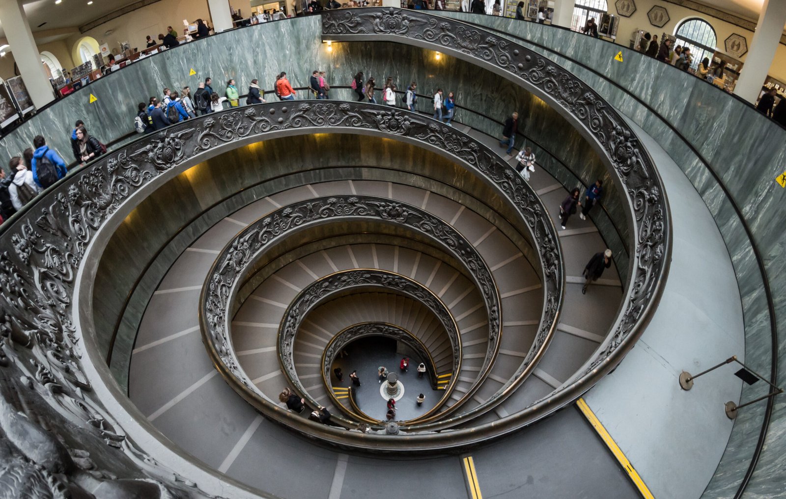 The double spiral staircase designed by Giuseppe Momo, sculpted by Antonio Maraini and realized by the Ferdinando Marinelli Artistic Foundry for the Vatican Museums 1932. This image was taken with a S