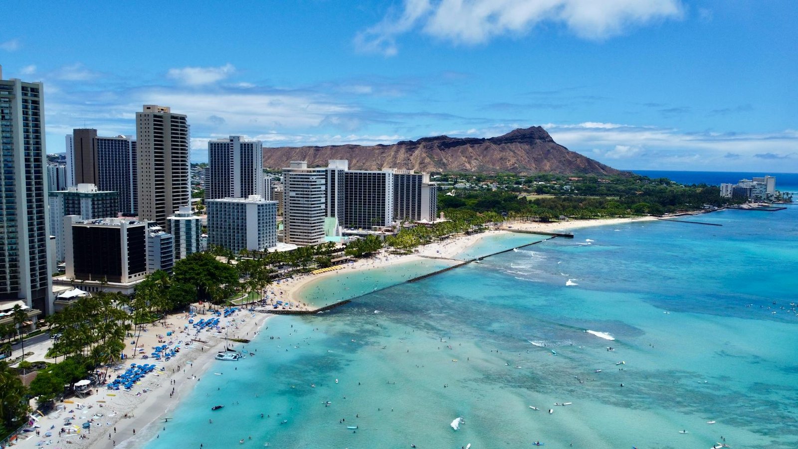 Stunning aerial view of Waikiki Beach and Diamond Head in Honolulu, Hawaii.