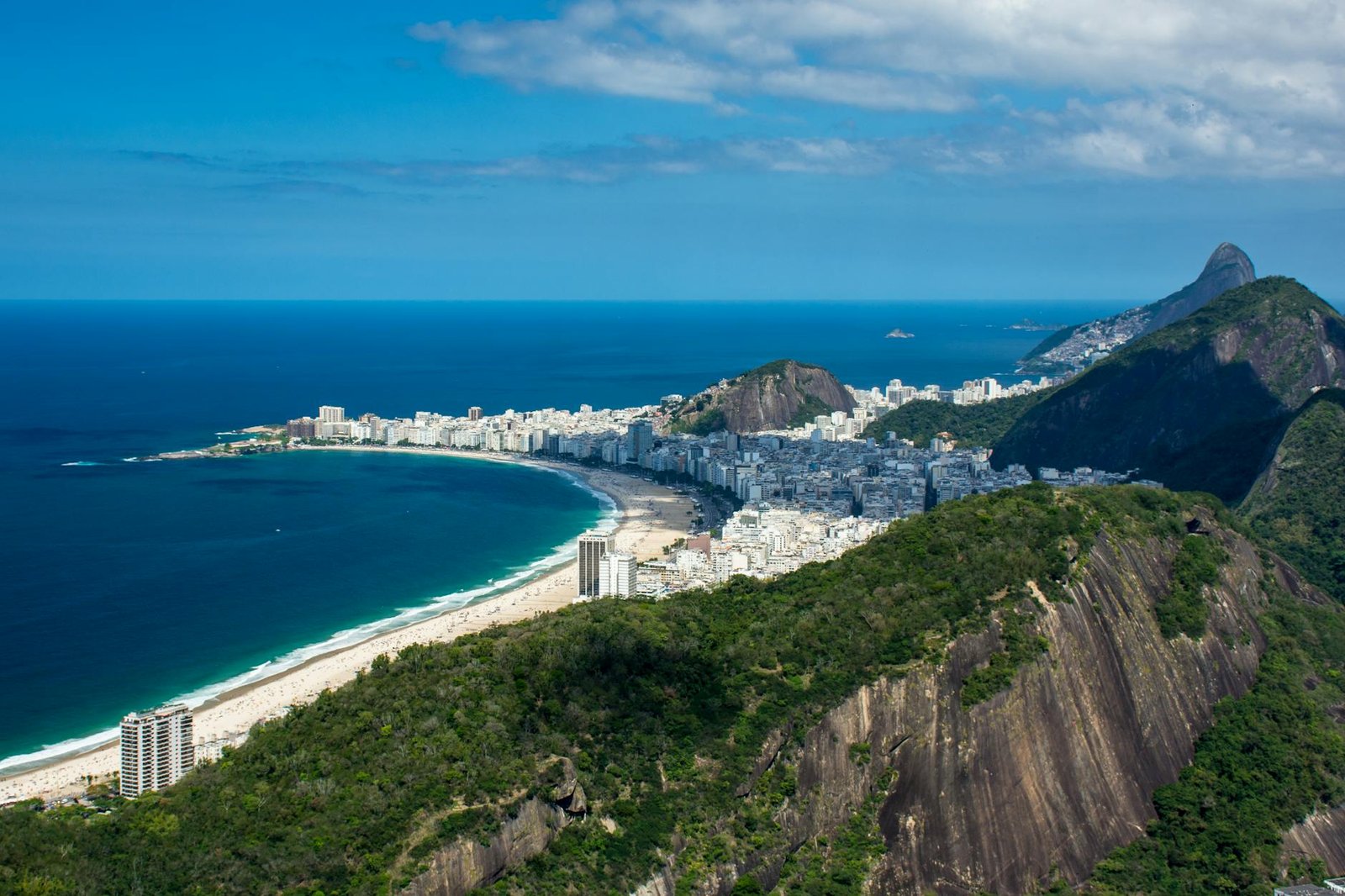 Stunning aerial view of Copacabana Beach and cityscape in Rio de Janeiro, Brazil.